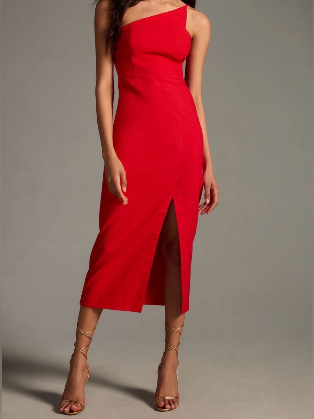 Anthropologie Red One-Shoulder Midi Dress with Front Slit